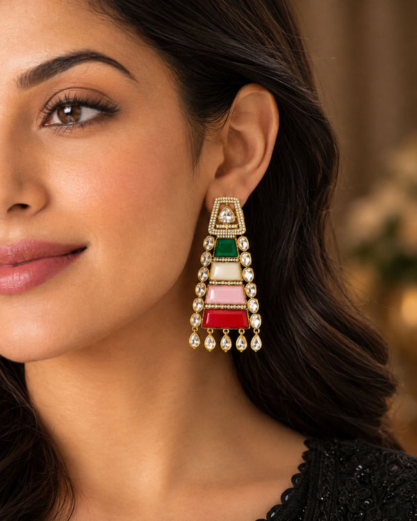 MULTI COLOR STONE GOLD PLATED LONG DROP EARRINGS WITH CZ DIAMOND ACCENTS