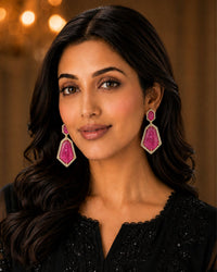 Pink Geometric Crystal Statement Drop Earrings