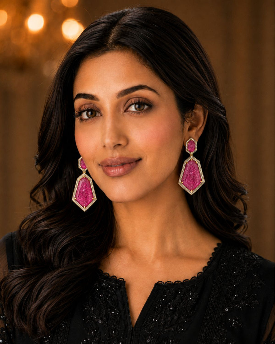 Pink Geometric Crystal Statement Drop Earrings