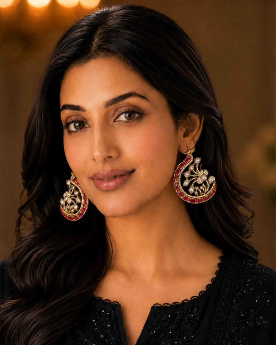 Ruby Pink Kundan Peacock Hoop Earrings