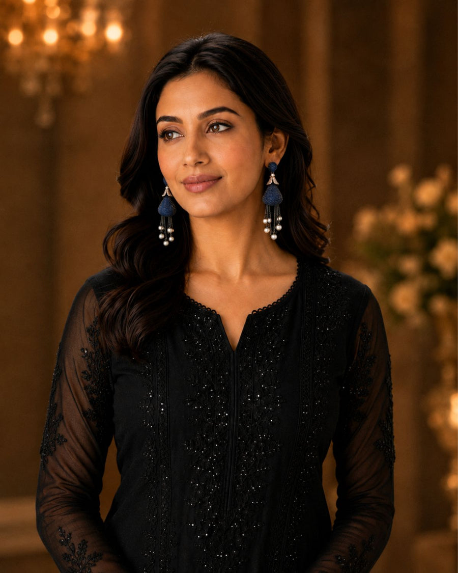 Midnight Blue Pearl Tassel Statement Earrings
