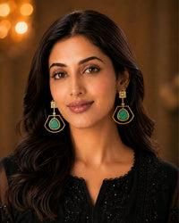 Emerald Green Geometric Drop Earrings with Stone Detailing