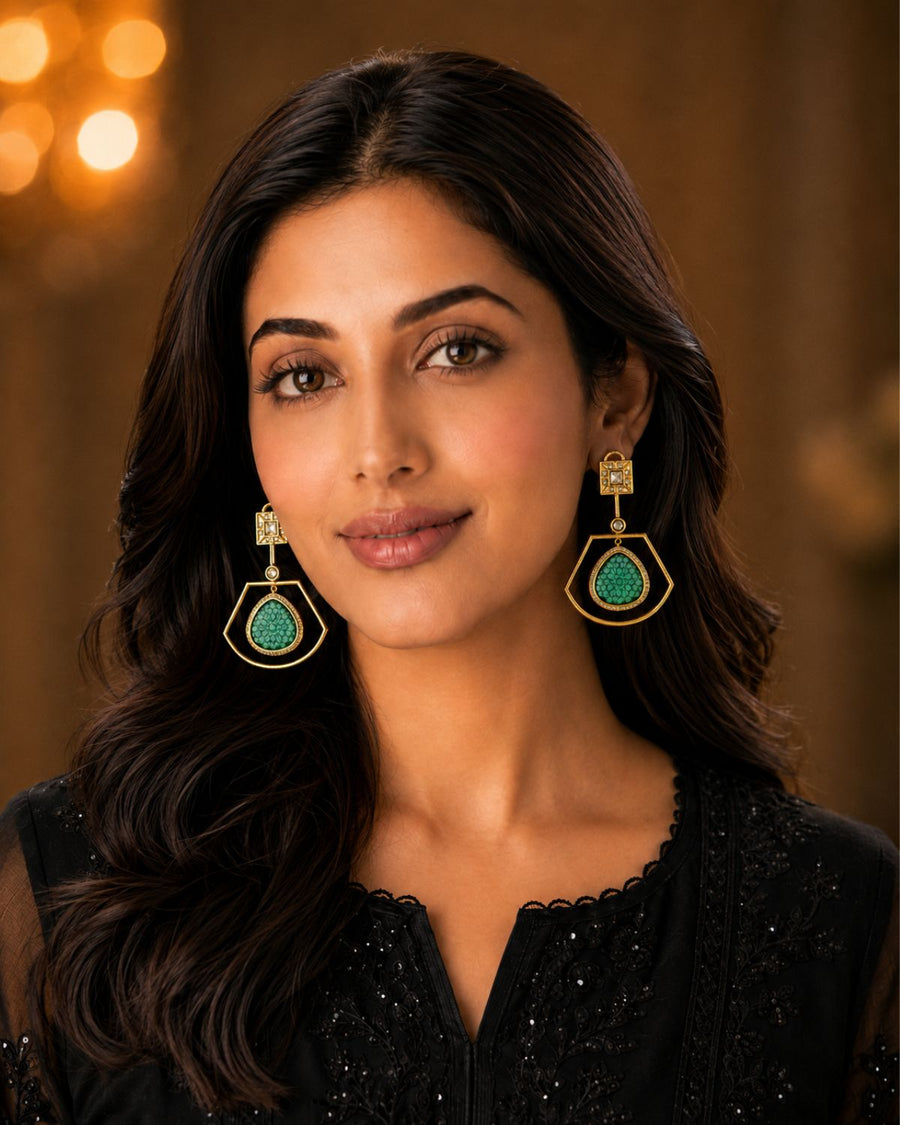 Emerald Green Geometric Drop Earrings with Stone Detailing