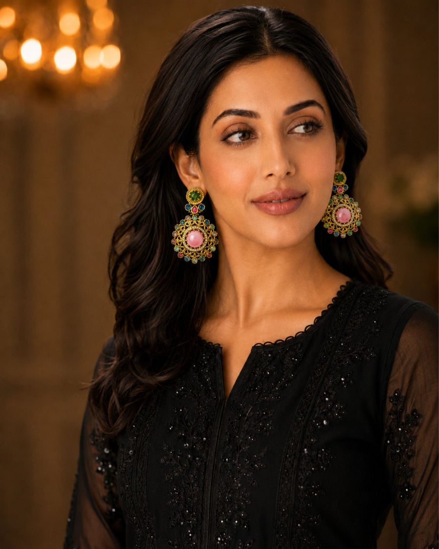 Antique Gold Multicolor Stone Statement Earrings
