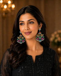 MULTI COLOR CZ STONE SILVER PLATED STATEMENT DROP EARRINGS