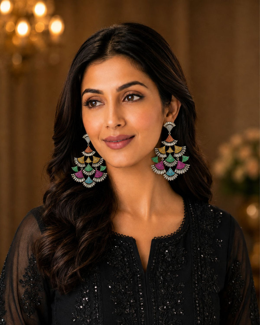 MULTI COLOR CZ STONE SILVER PLATED STATEMENT DROP EARRINGS