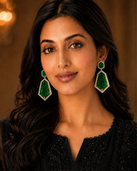 Emerald Green Geometric Crystal Statement Drop Earrings