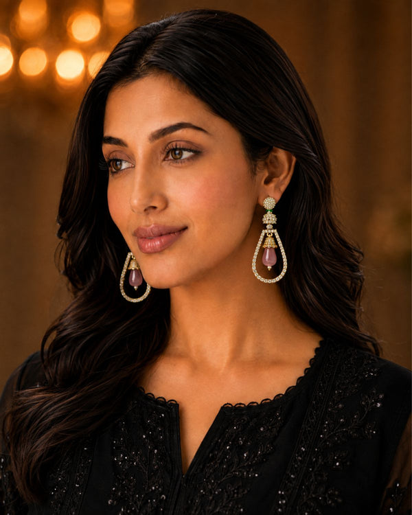 Pink Stone Teardrop Drop Earrings with Crystal Detailing