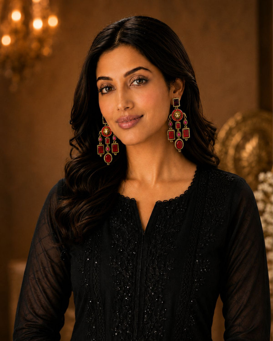 Royal Red Stone Statement Drop Earrings