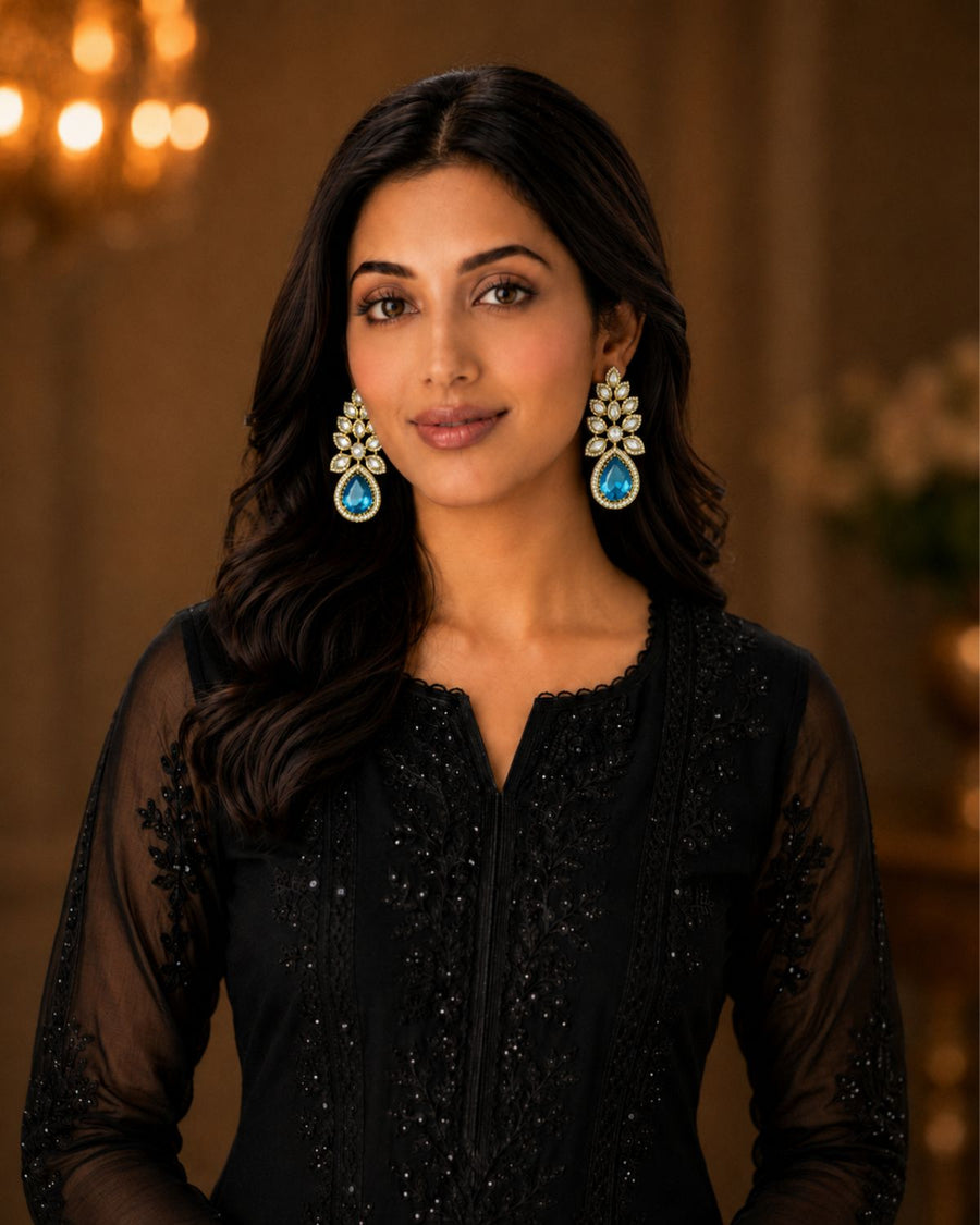 Aqua Blue Kundan Floral Drop Earrings