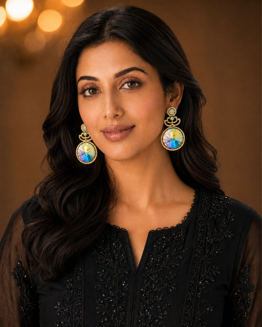 RAINBOW CRYSTAL STONE GOLD PLATED DROP EARRINGS WITH CZ ACCENTS
