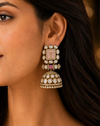 Gold Kundan Jhumka Earrings with Pink Accents