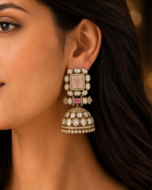 Gold Kundan Jhumka Earrings with Pink Accents