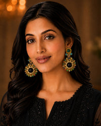 MULTI COLOR STONE GOLD PLATED STATEMENT EARRINGS WITH BLACK STONE DETAILING