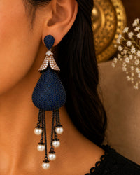 Midnight Blue Pearl Tassel Statement Earrings
