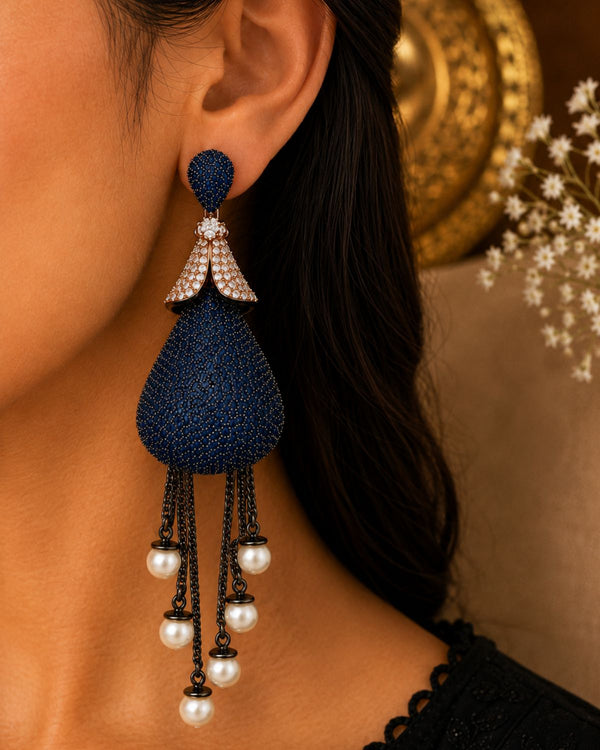 Midnight Blue Pearl Tassel Statement Earrings