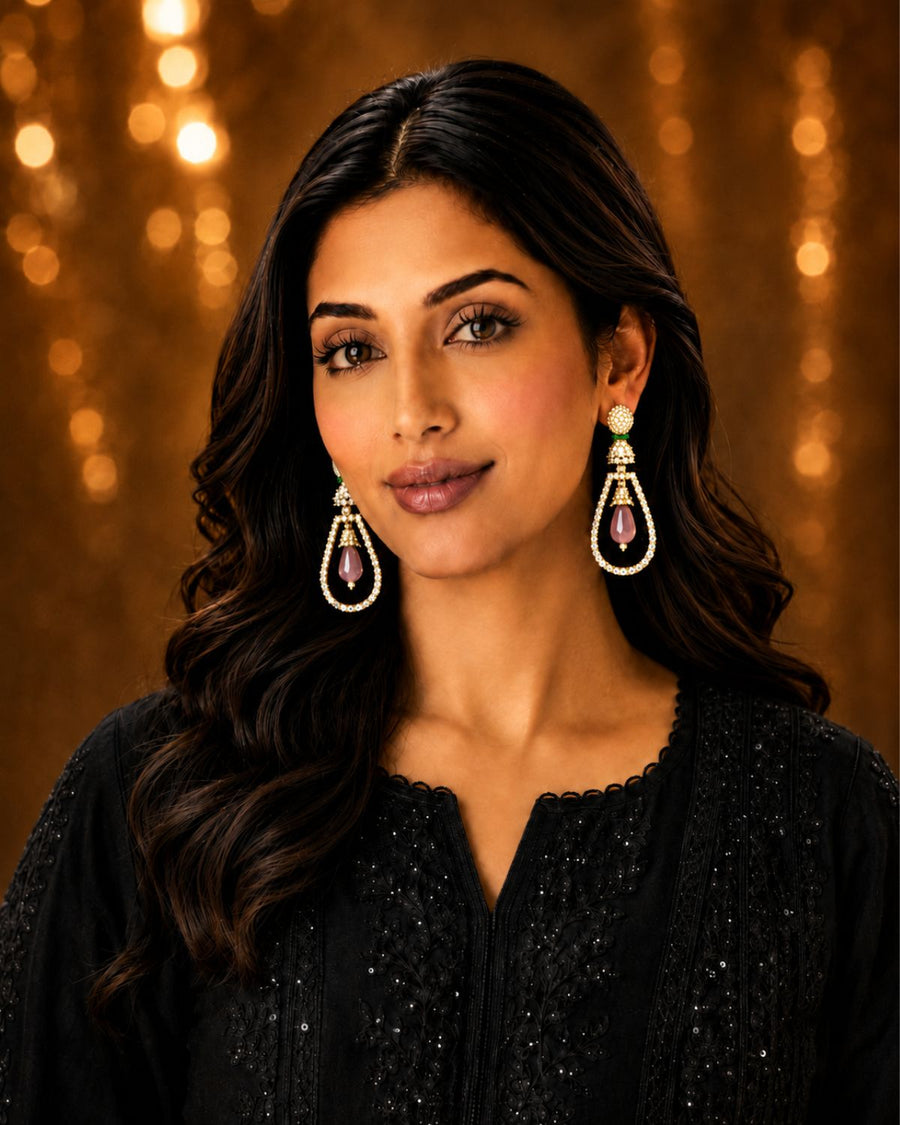 Pink Stone Teardrop Drop Earrings with Crystal Detailing