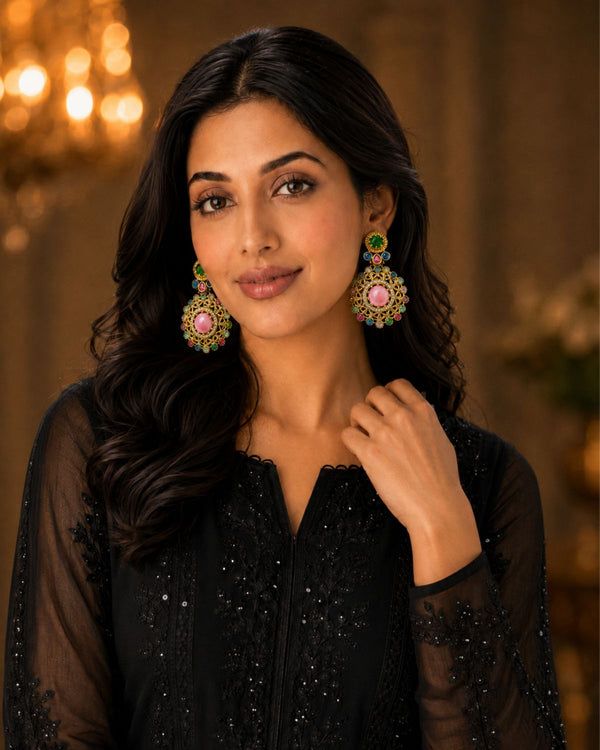 Antique Gold Multicolor Stone Statement Earrings