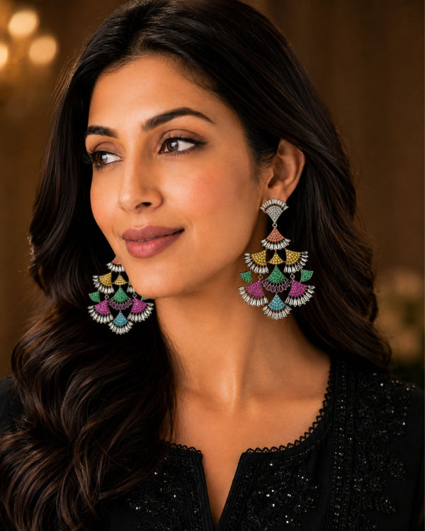 MULTI COLOR CZ STONE SILVER PLATED STATEMENT DROP EARRINGS