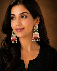 MULTI COLOR STONE GOLD PLATED LONG DROP EARRINGS WITH CZ DIAMOND ACCENTS