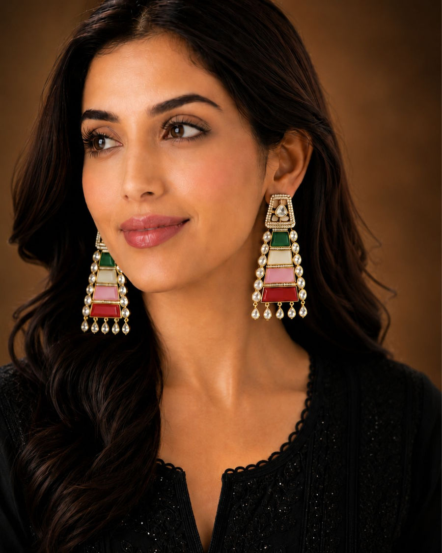 MULTI COLOR STONE GOLD PLATED LONG DROP EARRINGS WITH CZ DIAMOND ACCENTS
