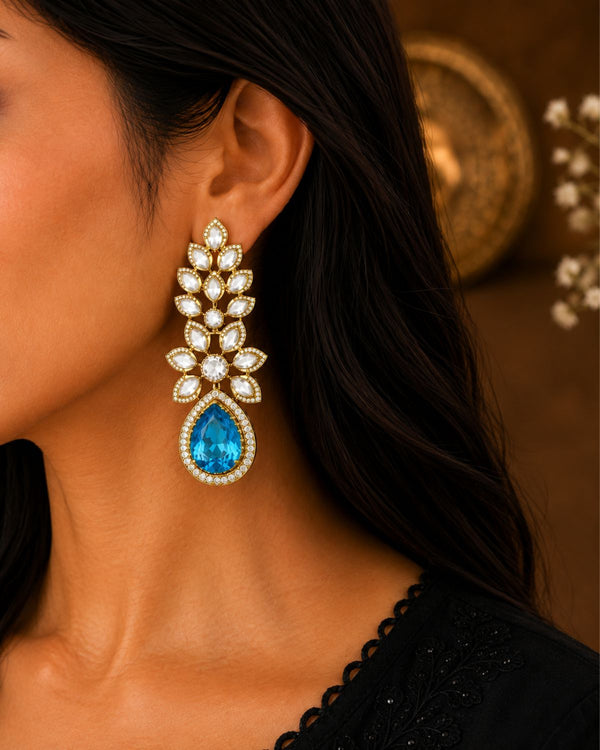 Aqua Blue Kundan Floral Drop Earrings
