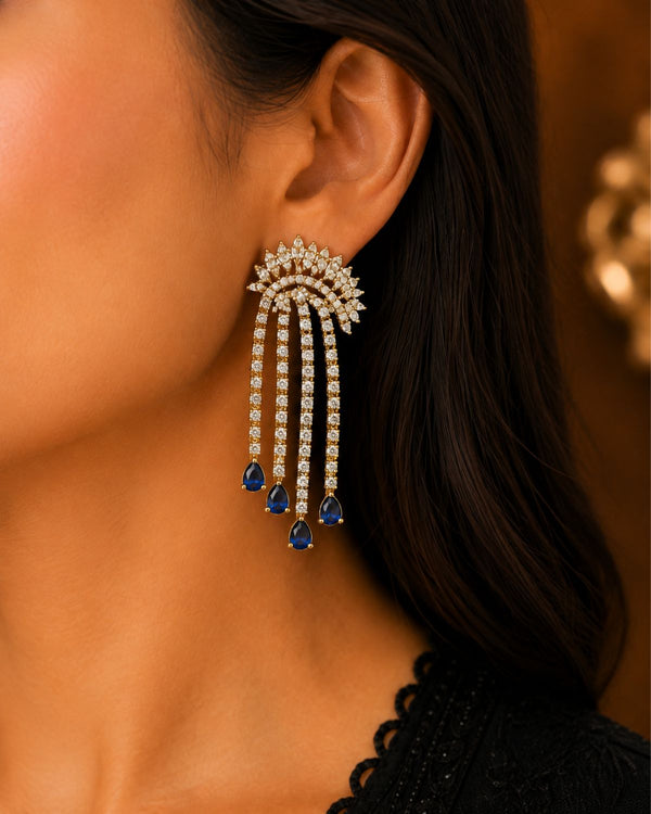Blue Crystal Tassel Statement Earrings