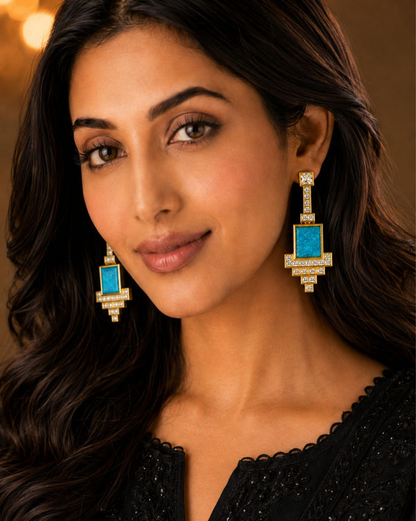 Aqua Blue Geometric Crystal Drop Earrings