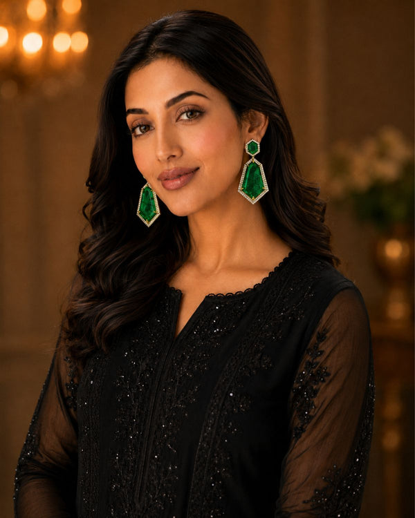 Emerald Green Geometric Crystal Statement Drop Earrings