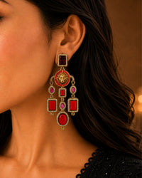 Royal Red Stone Statement Drop Earrings
