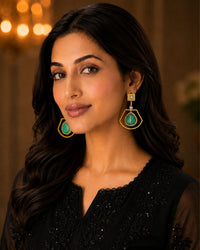 Emerald Green Geometric Drop Earrings with Stone Detailing