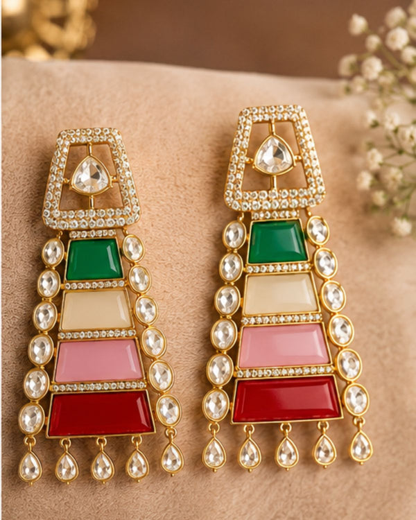 MULTI COLOR STONE GOLD PLATED LONG DROP EARRINGS WITH CZ DIAMOND ACCENTS