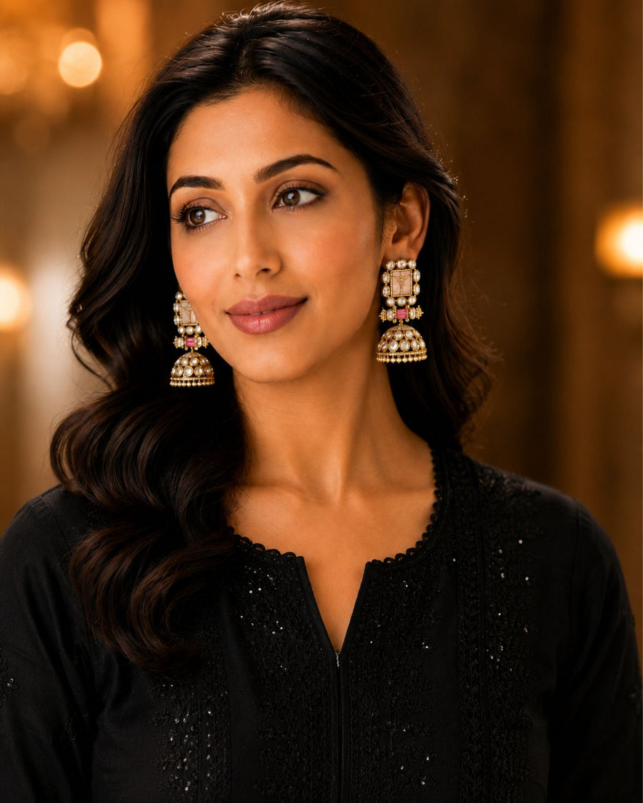 Gold Kundan Jhumka Earrings with Pink Accents