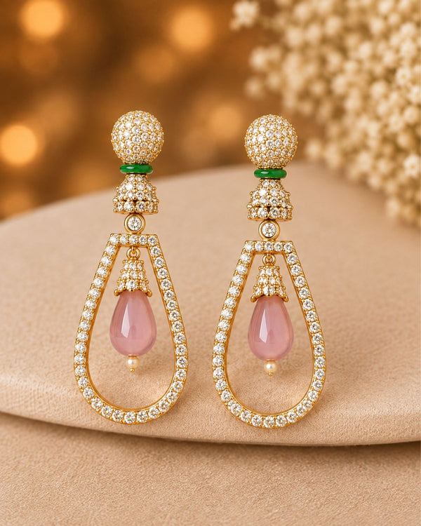 Pink Stone Teardrop Drop Earrings with Crystal Detailing