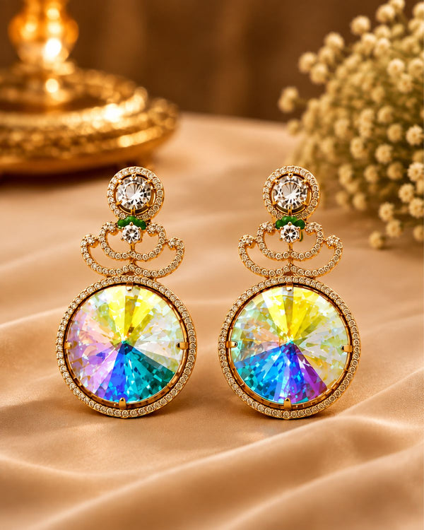 RAINBOW CRYSTAL STONE GOLD PLATED DROP EARRINGS WITH CZ ACCENTS