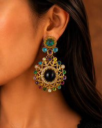 MULTI COLOR STONE GOLD PLATED STATEMENT EARRINGS WITH BLACK STONE DETAILING