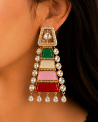 MULTI COLOR STONE GOLD PLATED LONG DROP EARRINGS WITH CZ DIAMOND ACCENTS