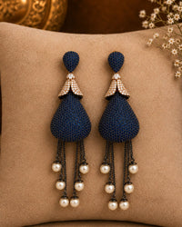 Midnight Blue Pearl Tassel Statement Earrings