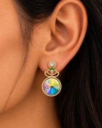RAINBOW CRYSTAL STONE GOLD PLATED DROP EARRINGS WITH CZ ACCENTS