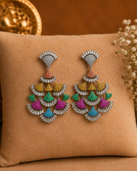 MULTI COLOR CZ STONE SILVER PLATED STATEMENT DROP EARRINGS