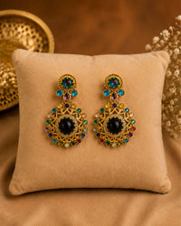MULTI COLOR STONE GOLD PLATED STATEMENT EARRINGS WITH BLACK STONE DETAILING