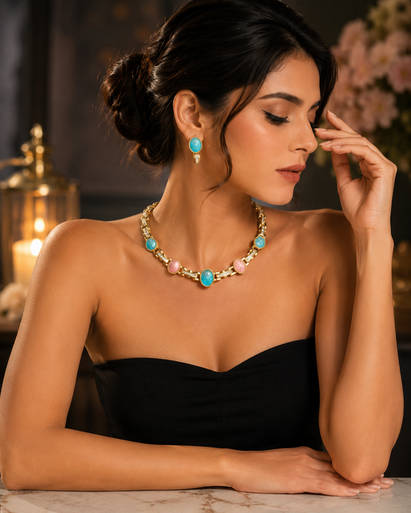 Pastel Stone Statement Necklace Set with Matching Stud Earrings