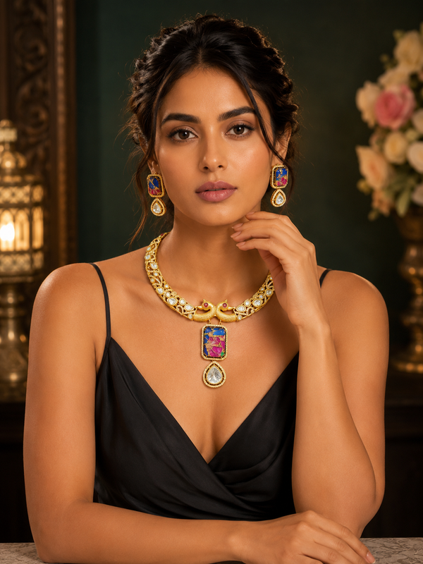 Peacock Motif Statement Necklace Set with Matching Drop Earrings