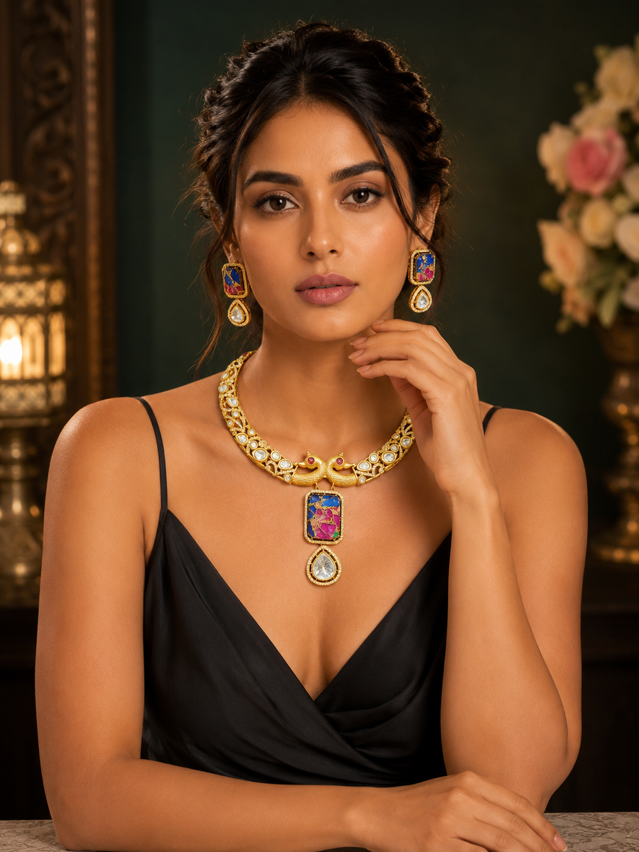Peacock Motif Statement Necklace Set with Matching Drop Earrings