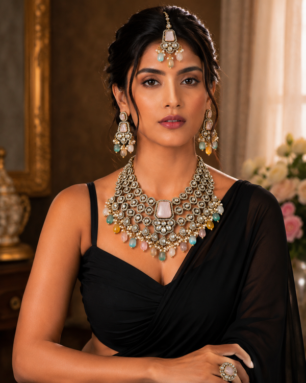 Pastel Kundan Bridal Necklace Set with Maang Tikka & Statement Earrings