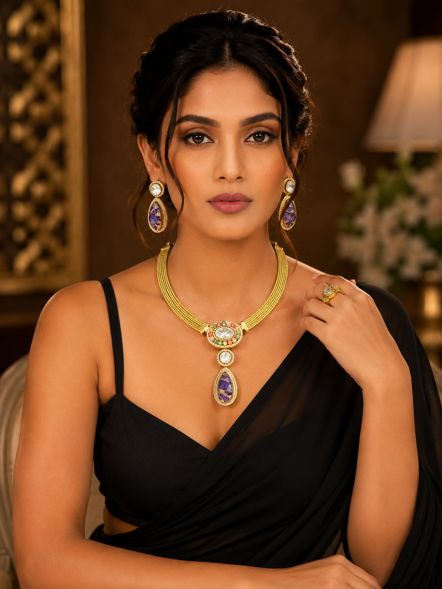 Royal Amethyst Statement Necklace Set with Matching Earrings & Ring