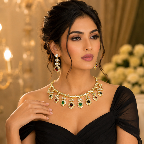 Multicolor Stone Charm Choker Necklace Set with Matching Drop Earrings