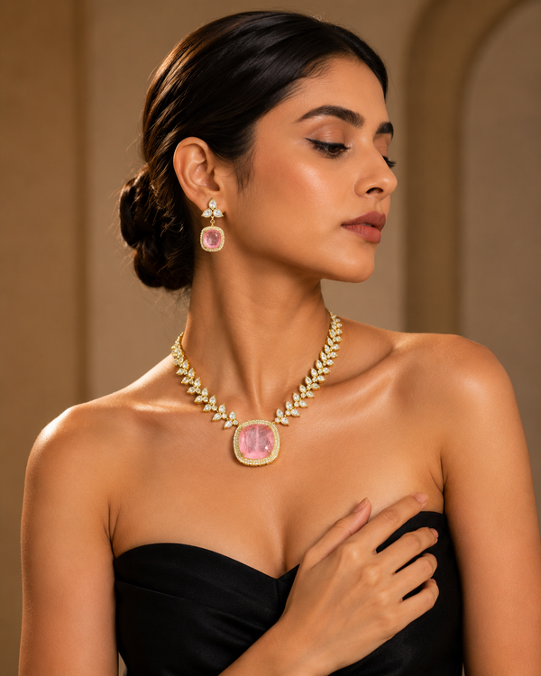 Pink Crystal Statement Necklace Set with Matching Drop Earrings