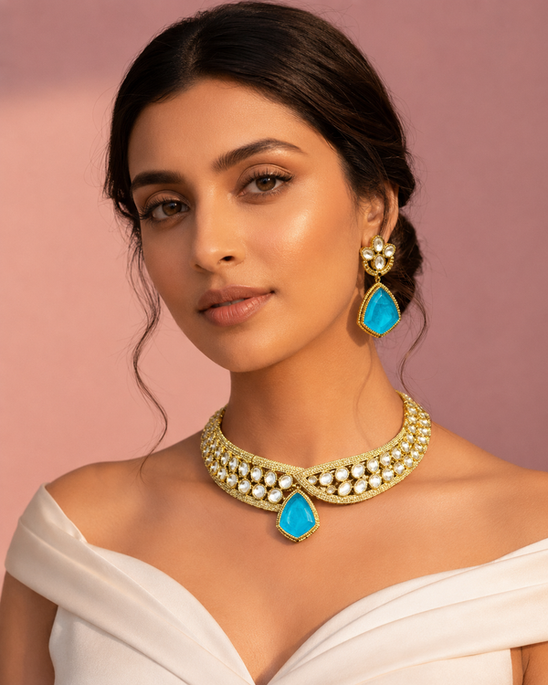 Turquoise Blue Kundan Choker Necklace Set