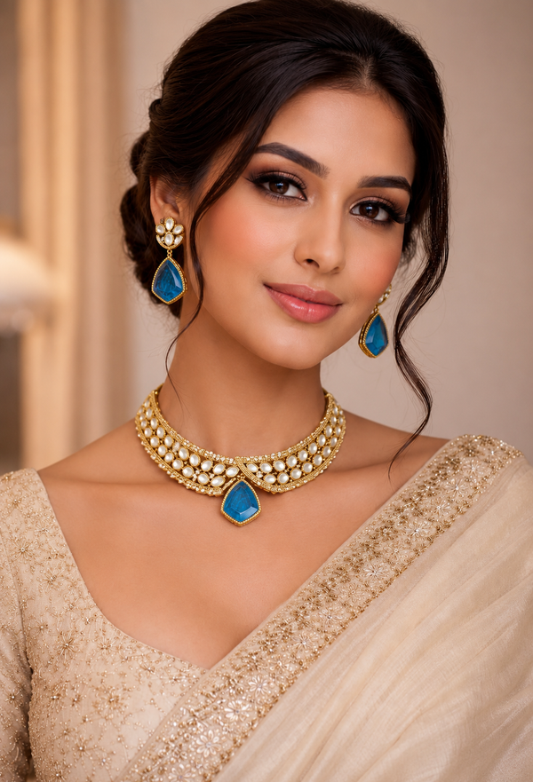Turquoise Blue Kundan Choker Necklace Set